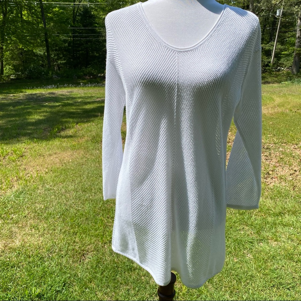 J. JILL SWEATER SCOOP NECK WHITE MESH NET OPEN KNIT 3/4 SLEEVE SIZE M